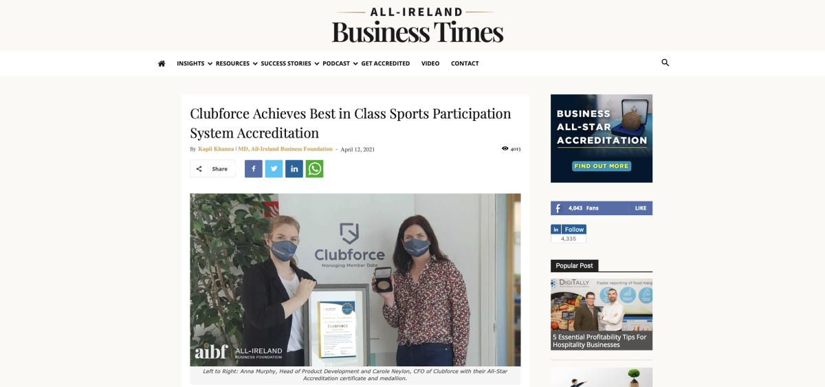 Clubforce Achieves Best in Class Sports Participation System Accreditation