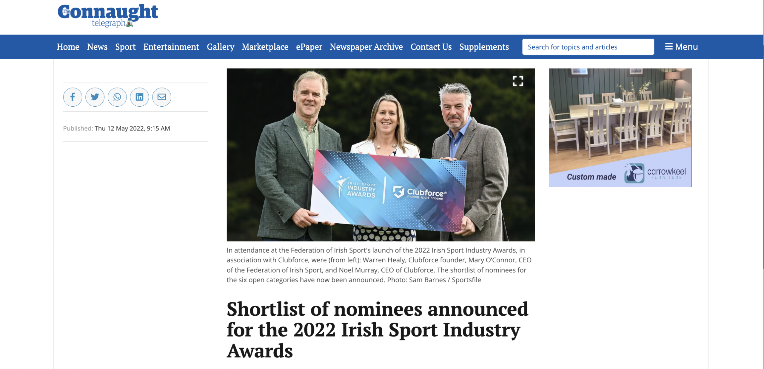 Shortlist of nominees announced for the 2022 Irish Sport Industry Awards