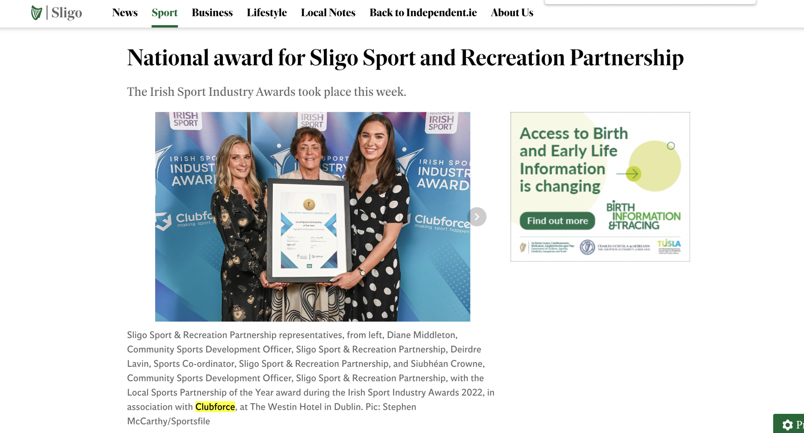 National award for Sligo Sport and Recreation Partnership