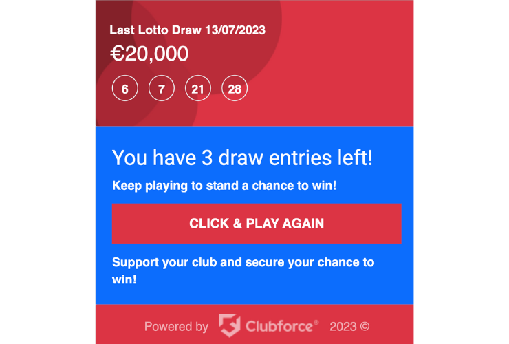 Clubforce Lotto Results emal tailored to the club colours and promt to participate in the club lotto