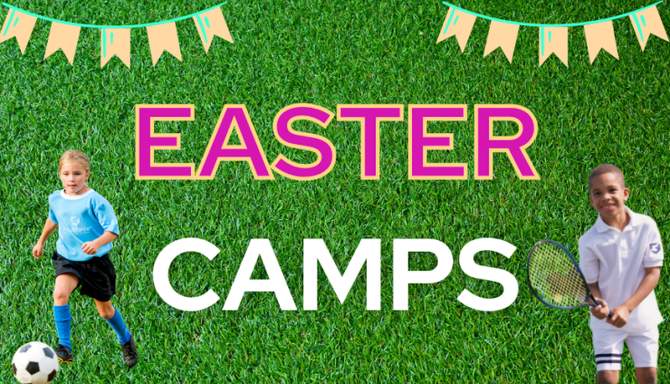 Easter Camps poster with a blong caucasian little girl wearinbg a blue and black uniform kicking a football and an afro young boy wearing a white tennis uniform holding a tenis racket.
