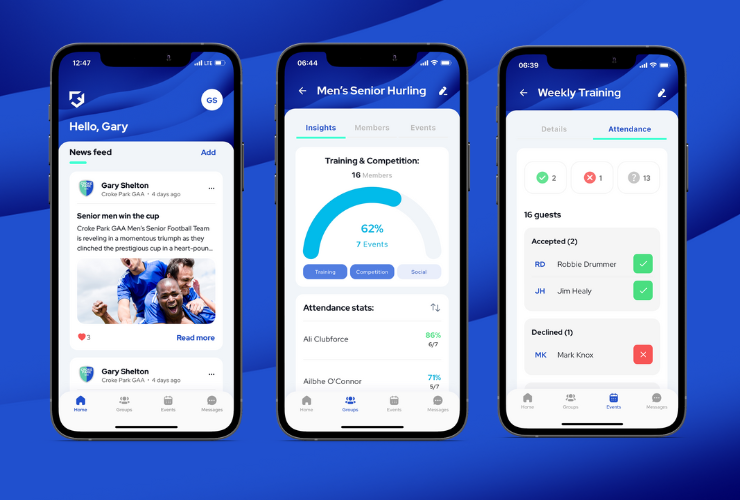 Clubforce Connect App showing key features like in-app newsfeed, participation insights and attendance tracking