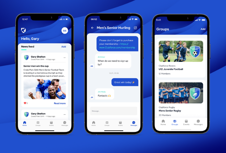 Clubforce Connect App showing communication features and bespoke club image personalisation. First screen includes clubforce newsfeed showing the club logo, preview text and an attached image. Second screen shows a groupchat with a hyperlink and emoji message sharing. Third image shows groups and team profiles with a custom image.