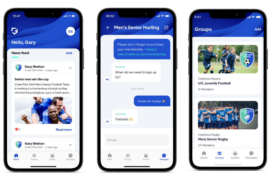 Clubforce Connect App showing communication features and bespoke club image personalisation. First screen includes clubforce newsfeed showing the club logo, preview text and an attached image. Second screen shows a groupchat with a hyperlink and emoji message sharing. Third image shows groups and team profiles with a custom image.