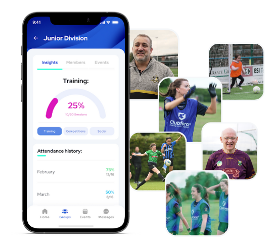 Phone screen with different sports club volunteers and members coming out of it to represent connectivity. The phone screen displays attendance history over a training period with Clubforce Connect App 