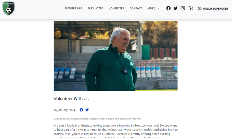 Image shows a volunteer page on a club website promoting vacancies