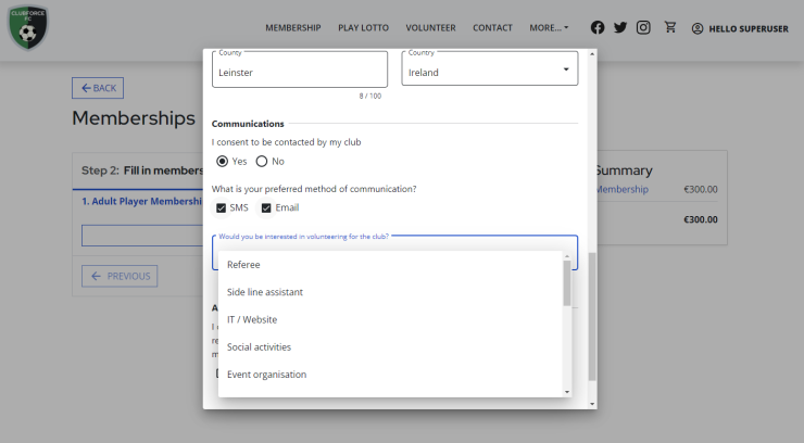 Image shows Clubforce custom membership form where an additional question has been added stating "Would you be interested in volunteering for the club".  drop-down section lists "Referee, side line assistant, IT/Website, Social Activities, Event organisation"